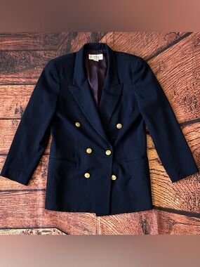 Liz Claiborne Navy Double Breasted Blazer Gold Buttons Women